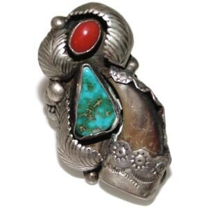 Vintage Sterling Silver Southwestern Turquoise Coral Mens Signet Ring Size 11